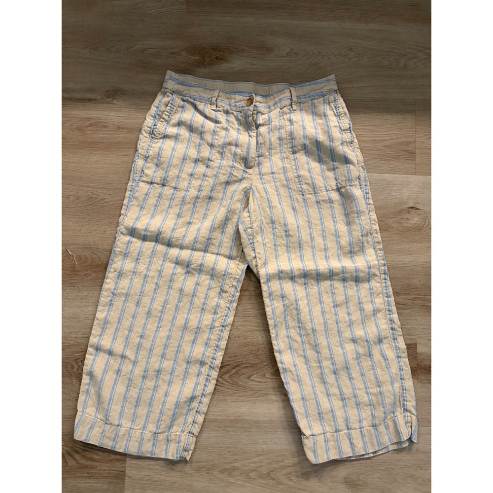 J. Jill Love Linen Striped Cropped Pants Blue Beige Size M Wide Leg Beach